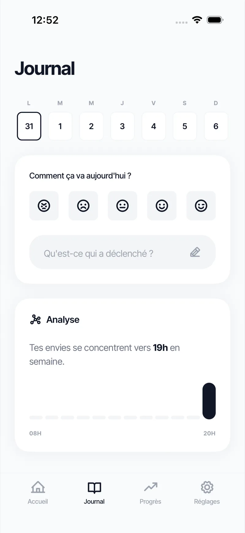 Journal d'Ash : sélecteur d'humeur, champ « Qu'est-ce qui a déclenché ? » et carte d'analyse indiquant que les envies se concentrent vers 19 h.